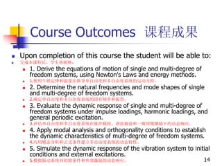 Course Outcomes 课程成果
 Upon completion of this course the student will be able to:
 完成本课程后，学生将能够：
 1. Derive the equations of motion of single and multi-degree of
freedom systems, using Newton's Laws and energy methods.
 1.使用牛顿定律和能量法推导单自由度和多自由度系统的运动方程。
 2. Determine the natural frequencies and mode shapes of single
and multi-degree of freedom systems.
 2.确定单自由度和多自由度系统的固有频率和振型。
 3. Evaluate the dynamic response of single and multi-degree of
freedom systems under impulse loadings, harmonic loadings, and
general periodic excitation.
 3.评估单自由度和多自由度系统在脉冲载荷、谐波载荷和一般周期激励下的动态响应。
 4. Apply modal analysis and orthogonality conditions to establish
the dynamic characteristics of multi-degree of freedom systems.
 4.应用模态分析和正交条件建立多自由度系统的动态特性。
 5. Simulate the dynamic response of the vibration system to initial
conditions and external excitations.
 5.模拟振动系统对初始条件和外部激励的动态响应。 14
 