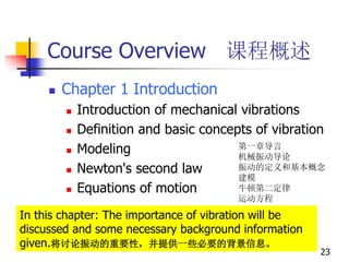 Course Overview 课程概述
 Chapter 1 Introduction
 Introduction of mechanical vibrations
 Definition and basic concepts of vibration
 Modeling
 Newton's second law
 Equations of motion
23
In this chapter: The importance of vibration will be
discussed and some necessary background information
given.将讨论振动的重要性，并提供一些必要的背景信息。
第一章导言
机械振动导论
振动的定义和基本概念
建模
牛顿第二定律
运动方程
 