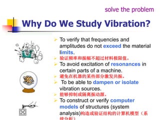 Why Do We Study Vibration?
 To verify that frequencies and
amplitudes do not exceed the material
limits.
 验证频率和振幅不超过材料极限值。
 To avoid excitation of resonances in
certain parts of a machine.
 避免在机器的某些部分激发共振。
 To be able to dampen or isolate
vibration sources.
 能够抑制或隔离振动源。
 To construct or verify computer
models of structures (system
analysis)构造或验证结构的计算机模型（系
solve the problem
 