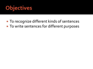 ObjectivesTo recognize different kinds of sentencesTo write sentences for different purposes