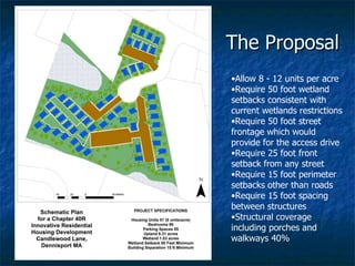 The Proposal Allow 8 - 12 units per acre Require 50 foot wetland setbacks consistent with current wetlands restrictions Require 50 foot street frontage which would provide for the access drive Require 25 foot front setback from any street Require 15 foot perimeter setbacks other than roads Require 15 foot spacing between structures Structural coverage including porches and walkways 40% 