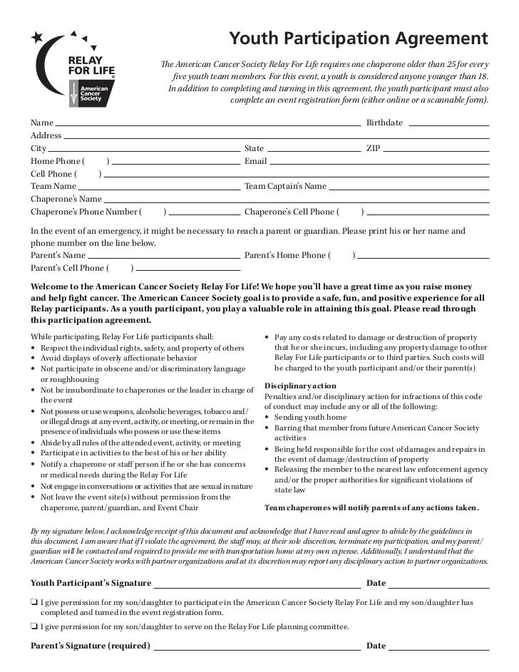 youth agreement chaperone form youth participation form relay for life