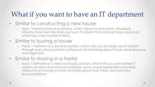 What if you want to have an IT department
• Similar to constructing a new house
o Iaas – Infrastructure as a Service, which allows to rent some virtualized
infrastructure and develop your own IT system from among those resources,
which you may control entirely.
• Similar to buying a house
o PaaS – Platform as a Service solution, which lets you develop your IT system
through one cloud platform without at all bothering about lower-level resource
management.
• Similar to staying in a hostel
o SaaS – Software as a Service (SaaS) solution, which lets you pre-existed IT
system solutions that were provided by some cloud application providers,
without ever having to know anything about how these services were
accoomplished
 