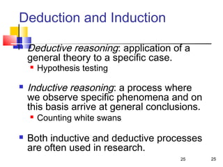 25
Deduction and Induction
 Deductive reasoning: application of a
general theory to a specific case.
 Hypothesis testing
 Inductive reasoning: a process where
we observe specific phenomena and on
this basis arrive at general conclusions.
 Counting white swans
 Both inductive and deductive processes
are often used in research.
25
 