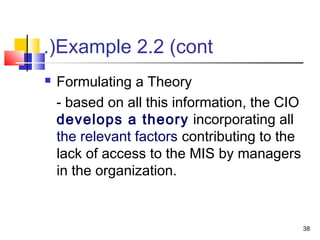 38
Example 2.2 (cont.(
 Formulating a Theory
- based on all this information, the CIO
develops a theory incorporating all
the relevant factors contributing to the
lack of access to the MIS by managers
in the organization.
 