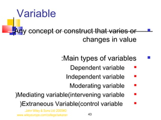Variable
Any concept or construct that varies or
changes in value
Main types of variables:
Dependent variable
Independent variable
Moderating variable
Mediating variable(intervening variable(
Extraneous Variable(control variable(
43
©2009John Wiley & Sons Ltd.
www.wileyeurope.com/college/sekaran
 