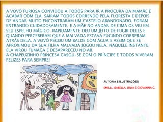 A VOVÓ FURIOSA CONVIDOU A TODOS PARA IR A PROCURA DA MAMÃE E 
ACABAR COM ELA. SAÍRAM TODOS CORRENDO PELA FLORESTA E DEPOIS 
DE ANDAR MUITO ENCONTRARAM UM CASTELO ABANDONADO. FORAM 
ENTRANDO CUIDADOSAMENTE, E A MÃE NO ANDAR DE CIMA OS VIU EM 
SEU ESPELHO MÁGICO. RAPIDAMENTE DEU UM JEITO DE FUGIR DELES E 
QUANDO PERCEBERAM QUE A MALVADA ESTAVA FUGINDO CORRERAM 
ATRÁS DELA. A VOVÓ PEGOU UM BALDE COM ÁGUA E ASSIM QUE SE 
APROXIMOU DA SUA FILHA MALVADA JOGOU NELA. NAQUELE INSTANTE 
ELA VIROU FUMAÇA E DESAPARECEU NO AR. 
A CHAPEUZINHO PRINCESA CASOU-SE COM O PRÍNCIPE E TODOS VIVERAM 
FELIZES PARA SEMPRE! 
AUTORIA E ILUSTRAÇÕES 
EMILLI, ISABELLA, JÚLIA E GIOVANNA C. 
