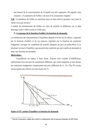 48
une hausse de la consommation de X quand son prix augmente. On appelle cette
situation « Le paradoxe de Giffen » du nom d’un économiste Anglais.1
N.B : Le paradoxe de Giffen se manifeste pour un bien dont la quantité varie dans le
même sens que son prix.
L’intérêt du raisonnement de Giffen est celui de montrer la différence sur le plan
théorique entre l’effet revenu et l’effet prix.
5) Le passage de la fonction d’utilité à la fonction de demande.
La satisfaction du consommateur (l’équilibre) dépend à la fois de ses désirs ; exprimés
par la fonction d’utilité, et de ses moyens, exprimés par la fonction de contrainte
budgétaire. Lorsque les conditions du marché changent (le prix en particulier), il ya
plusieurs niveaux d’équilibre, qui peuvent être exprimés par une courbe de demande et
donc une fonction de demande.
Illustration :
Considérons un espace à deux biens. Traçons trois courbes d’indifférence,
représentant trois niveaux de satisfaction différents, qui soient tangentes à trois droites
de contraintes budgétaires (représentant des prix différents de X : P1, P2et P3, toutes
choses égales par ailleurs (revenu et prix de Y)
Figure n°15 : points d’équilibre et fonction de demande
1
-Nom de l’économiste Anglais qui a observé ce phénomène chez les paysans Irlandais, au XIXe
siècle.
 