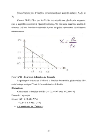 49
Nous obtenons trois d’équilibre correspondants aux quantités achetées X1, X2 et
X3.
Comme P1>P2>P3 et que X1<X2<X3, cela signifie que plus le prix augmente,
plus la quantité consommée à l’équilibre diminue. On peut donc tracer une courbe de
demande (soit une fonction de demande) à partir des points représentant l’équilibre du
consommateur :
Figure n°16 : Courbe de la fonction de demande
Le passage de la fonction d’utilité à la fonction de demande, peut aussi se faire
mathématiquement par l’étude de la maximisation de l’utilité.
Illustration :
Considérons la fonction d’utilité U=f (x, y)=XY avec R=XPx+YPy
Posons le Lagrangien :
£(x,y,λ)=XY+ λ (R-XPx-YPy)
= XY+ λ R- λ XPx- λ YPy
• Les conditions de 1er
ordre :
 