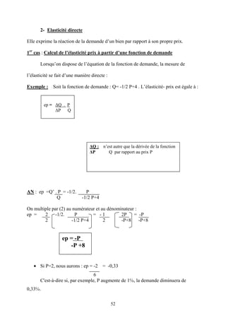 52
2- Elasticité directe
Elle exprime la réaction de la demande d’un bien par rapport à son propre prix.
1er
cas : Calcul de l’élasticité prix à partir d’une fonction de demande
Lorsqu’on dispose de l’équation de la fonction de demande, la mesure de
l’élasticité se fait d’une manière directe :
Exemple : Soit la fonction de demande : Q= -1/2 P+4 . L’élasticité- prix est égale à :
AN : ep =Q’ . P = -1/2. P
Q -1/2 P+4
On multiple par (2) au numérateur et au dénominateur :
ep = 2 -1/2. P = - 1 2P = -P
2 -1/2 P+4 2 -P+8 -P+8
• Si P=2, nous aurons : ep = -2 = -0,33
6
C'est-à-dire si, par exemple, P augmente de 1℅, la demande diminuera de
0,33℅.
ep = -P
-P +8
ep = ∆Q . P
∆P Q
∆Q : n’est autre que la dérivée de la fonction
∆P Q par rapport au prix P
 