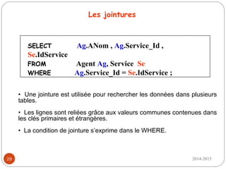 2014-201529
• Une jointure est utilisée pour rechercher les données dans plusieurs
tables.
• Les lignes sont reliées grâce aux valeurs communes contenues dans
les clés primaires et étrangères.
• La condition de jointure s’exprime dans le WHERE.
Les jointures
SELECT Ag.ANom , Ag.Service_Id ,
Se.IdService
FROM Agent Ag, Service Se
WHERE Ag.Service_Id = Se.IdService ;
 