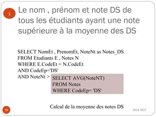 Le nom , prénom et note DS de
tous les étudiants ayant une note
supérieure à la moyenne des DS
2014-201539
5
SELECT NomEt , PrenomEt, NoteNt as Notes_DS
FROM Etudiants E , Notes N
WHERE E.CodeEt = N.CodeEt
AND CodeEp='DS'
AND NoteNt > SELECT AVG(NoteNT)
FROM Notes
WHERE CodeEp= 'DS'
Calcul de la moyenne des notes DS
 