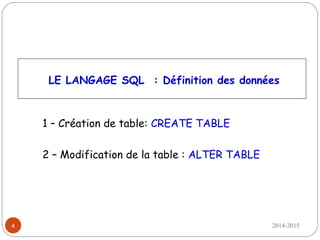 2014-20154
LE LANGAGE SQL : Définition des données
1 – Création de table: CREATE TABLE
2 – Modification de la table : ALTER TABLE
 