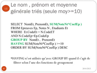 Le nom , prénom et moyenne
générale triés (seule moy>=10)
*HAVING n’est utilisée qu’avec GROUP BY quand il s’agit de
filtrer selon l’une des fonctions de groupement
2014-201547
13
SELECT NomEt, PrenomEt, SUM(NoteNt*CoefEp )
FROM Epreuves Ep, Notes N , Etudiants Et
WHERE Et.CodeEt = N.CodeET
AND N.CodeEp=Ep.CodeEp
GROUP BY NomEt , PrenomEt
HAVING SUM(NoteNt*CoefEp ) >=10
ORDER BY SUM(NoteNt*CoefEp ) DESC
 