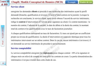 ChapII. Modèle Conceptuel de Données (MCD)
Prof
:
M.QBADOU
Cours SI
& BD
Etudes de cas
Exemple
19
Service client
enregistre les demandes clients et procède à une recherche des intérimaires ayant le profil
demandé (branche, qualification et niveau). L’unité d’intervention est la journée. Lorsque la
recherche est concluante, le service client, après avoir obtenu l’accord du service intérimaire,
rédige le contrat d’intervention et l’envoie pour signature au client. Ce contrat mentionne : le
numéro de contrat, l’adresse de la société, la date de début et la durée du contrat, le montant
total du contrat et les qualifications avec le taux de facturation journalier.
A chaque qualification correspond un taux de facturation. Ce taux est ajusté par un coefficient
propre au niveau de qualification. La durée d’intervention est supposée identique pour tous les
intérimaires intervenant sur un même contrat. Dans le cas ou, aucun intérimaire n’est trouvé, il
est demandé au service intérimaire de procéder à un recrutement.
Service comptabilité
Le service comptabilité enregistre les règlements pour chaque contrat : 10% à la signature et
chaque mois un relevé de compte est émis pour les contrats en cours. La partie rémunération des
intérimaires n’est pas à traiter dans cette étude de cas.
 
