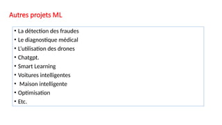 Autres projets ML
• La détection des fraudes
• Le diagnostique médical
• L’utilisation des drones
• Chatgpt.
• Smart Learning
• Voitures intelligentes
• Maison intelligente
• Optimisation
• Etc.
 