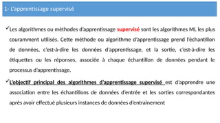 Les algorithmes ou méthodes d’apprentissage supervisé sont les algorithmes ML les plus
couramment utilisés. Cette méthode ou algorithme d’apprentissage prend l’échantillon
de données, c’est-à-dire les données d’apprentissage, et la sortie, c’est-à-dire les
étiquettes ou les réponses, associée à chaque échantillon de données pendant le
processus d’apprentissage.
L’objectif principal des algorithmes d’apprentissage supervisé est d’apprendre une
association entre les échantillons de données d’entrée et les sorties correspondantes
après avoir effectué plusieurs instances de données d’entraînement
 