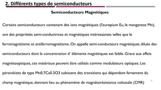 2. Différents types de semiconducteurs
Semiconducteurs Magnétiques
Certains semiconducteurs contenant des ions magnétiques (l'europium Eu, le manganese Mn),
ont des propriétés semi-conductrices et magnétiques intéressantes telles que le
ferromagnétisme et antiferromagnétisme. On appelle semi-conducteurs magnétiques dilués des
semiconducteurs dont la concentration d’ éléments magnétiques est faible. Grace aux effets
magnétooptiques, ces matériaux peuvent être utilisés comme modulateurs optiques. Les
pérovskites de type Mn0.7Ca0.3O3 subissent des transitions qui dépendent fortement du
champ magnétique, donnant lieu au phénomène de magnétorésistance colossale (CMR)
16
 