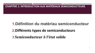 CHAPITRE 1: INTRODUCTION AUX MATÉRIAUX SEMICONDUCTEURS
1.Définition du matériau semiconducteur
2.Différents types de semiconducteurs
3.Semiconducteur à l'état solide
3
 