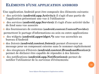 ELÉMENTS D’UNE APPLICATION ANDROID
Une application Android peut être composée des éléments suivants:
 des activités (android.app.Activity): il s'agit d'une partie de
l'application présentant une vue à l'utilisateur
 des services (android.app.Service): il s'agit d'une activité tâche
de fond sans vue associée
 des fournisseurs de contenus (android.content.ContentProvider)
permettent le partage d'informations au sein ou entre applications
 des widgets (android.appwidget.*): une vue accrochée au
bureau d'Android
 des Intents (android.content.Intent): permet d'envoyer un
message pour un composant externe sans le nommer explicitement
 des récepteurs d'Intents (android.content.BroadcastReceiver):
permet de déclarer être capable de répondre à des Intents
 des notifications (android.app.Notifications): permet de
notifier l'utilisateur de la survenue d'événements
19/02/2017
12
Imene Sghaier-Développement d’applications mobiles
 