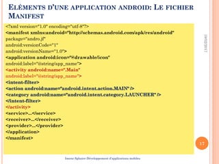 ELÉMENTS D’UNE APPLICATION ANDROID: LE FICHIER
MANIFEST
<?xml version="1.0" encoding="utf-8"?>
<manifest xmlns:android="http://schemas.android.com/apk/res/android"
package="andro.jf"
android:versionCode="1"
android:versionName="1.0">
<application android:icon="@drawable/icon"
android:label="@string/app_name">
<activity android:name=".Main"
android:label="@string/app_name">
<intent-filter>
<action android:name="android.intent.action.MAIN" />
<category android:name="android.intent.category.LAUNCHER" />
</intent-filter>
</activity>
<service>...</service>
<receiver>...</receiver>
<provider>...</provider>
</application>
</manifest>
19/02/2017
17
Imene Sghaier-Développement d’applications mobiles
 