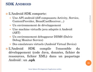 SDK ANDROID
 L'Android SDK comporte:
 Une API android (diff composants Activity, Service,
ContentProvider, BroadCastReceiver…)
 Un environnement de développement
 Une machine virtuelle java adaptée à Android
(ART)
 Un environnement debuggueur DDMS (Dalvic
Debug Monitor Service)
 Des emulateurs virtuels (Android Virtual Device)
 L'Android SDK compile l'ensemble du
développement (code Java, données, fichier de
ressources, fichier XML) dans un paquetage
Android : un .apk
19/02/2017
25
Imene Sghaier-Développement d’applications mobiles
 