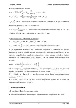 Electronique Analogique Chapitre I : Les amplificateurs opérationnels
ISET DE NABEUL (2014) Moez HAJJI
6
 Utilisation à référence commune :
c
c
d
d
c
c
d
c
b
c
M
C
c
c
d
d
c
c
d
c
b
c
M
C
v
A
v
A
v
β)
R(
r
R
β
v
r
R
β
i
βR
v
v
A
v
A
v
β)
R(
r
R
β
v
r
R
β
i
βR
v


















1
2
2
1
2
2
1
1
2
2
r
R
β
A c
d
2
 : C’est l’amplification différentielle en tension, elle traduit le fait que la différence
des tensions d’entrées (vd = v1 – v2) est amplifiée.
β)
R(
r
R
β
A c
c




1
2
: C’est l’amplification en tension de mode commun, lorsqu’on à v1 = v2,
c'est à dire si vc = v1 = v2, ce qui donne vC2M = Acvc = Acv1 = Acv2.
 Utilisation en sortie différentielle ou flottante :
d
d
c
c
d
d
c
c
d
d
M
C
M
C
C
C v
A
)
v
A
v
A
(
v
A
v
A
v
v
v 2
1
2
2
1 







r
R
β
v
A
v c
d
d
C
C 
 2
1
2 : En sortie flottante, l’amplificateur de différence est parfait.
 Un amplificateur différentiel idéal, amplifierait uniquement la différence des tensions
d’entrées. Le terme Ac vc traduit donc une imperfection de l’amplificateur de différence réel par
rapport au cas parfait. Cette imperfection est caractérisée par une grandeur exprimée en décibels
est appelée Taux de Rejection du Mode Commun (TRMC) ou common Mode Rejection Ratio
(CMRR).









 )
r
R
β)(
(
A
A
TRMC
c
d
dB 1
2
1
log
20
log
20
 Si on veut que vC2M soit proportionnelle à vd, il faut que le rapport (Ad/Ac) soit plus grand que
possible, c'est-à-dire R >> r, donc un générateur de courant parfait.
Si v2 = 0 on à vC2M = 2Adv1 > 0, vC2C1 est alors en phase avec v1 d’où v1 est appelée entrée non
inverseuse est noté (v+
).
Si v1 = 0 on à vC2C1 = –2Adv2 < 0, vC2C1 est alors en opposition de phase avec v2 d’où v2 est
appelée entrée inverseuse et notée (v-
).
c) Impédances d’entrées
c.1) Impédances d’entrées de mode commun
 Cherchons les impédances présentées par l’amplificateur entre chaque entrée et la masse.
 