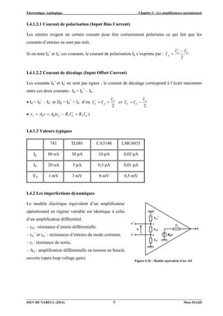 Electronique Analogique Chapitre I : Les amplificateurs opérationnels
ISET DE NABEUL (2014) Moez HAJJI
9
I.4.1.2.1 Courant de polarisation (Input Bias Current)
Les entrées exigent un certain courant pour être correctement polarisées ce qui fait que les
courants d’entrées ne sont pas nuls.
Si on note Id
+
et Id
-
ces courants, le courant de polarisation Ip s’exprime par :
2



 d
d
p
I
I
I
I.4.1.2.2 Courant de décalage (Input Offset Current)
Les courants Id
+
et Id
-
ne sont pas égaux ; le courant de décalage correspond à l’écart maximum
entre ces deux courants : Id = Id
+
– Id
–
.
 Id = Id
+
– Id
–
et 2Ip = Id
+
+ Id
–
d’ou
2
2
d
p
d
d
p
d
I
I
et I
I
I
I 


 

 )
2
1
0
0





 d
d
d
s I
R
I
R
(e
A
ε
A
v
I.4.1.3 Valeurs typiques
741 TL081 CA3140 LMC6035
Ip 80 nA 30 pA 10 pA 0,02 pA
Id 20 nA 5 pA 0,5 pA 0,01 pA
Vd 1 mV 3 mV 8 mV 0,5 mV
I.4.2 Les imperfections dynamiques
Le modèle électrique équivalent d’un amplificateur
opérationnel en régime variable est identique à celui
d’un amplificateur différentiel.
– red : résistance d’entrée différentielle.
– rec
+
et rec
-
: résistances d’entrées du mode commun.
– rs : résistance de sortie.
– Ad : amplification différentielle en tension en boucle
ouverte (open loop voltage gain).
Figure I.10 : Modèle équivalent d’un AO
s
+
-

v+
v-
rec
+
rec
-
red
rs
Ad
 