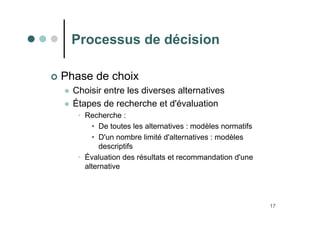17
Processus de décision
 Phase de choix
 Choisir entre les diverses alternatives
 Étapes de recherche et d'évaluation
• Recherche :
• De toutes les alternatives : modèles normatifs
• D'un nombre limité d'alternatives : modèles
descriptifs
• Évaluation des résultats et recommandation d'une
alternative
 
