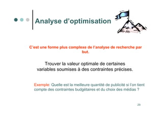 29
Analyse d’optimisation
Trouver la valeur optimale de certaines
variables soumises à des contraintes précises.
Exemple: Quelle est la meilleure quantité de publicité si l’on tient
compte des contraintes budgétaires et du choix des médias ?
C’est une forme plus complexe de l’analyse de recherche par
but.
 