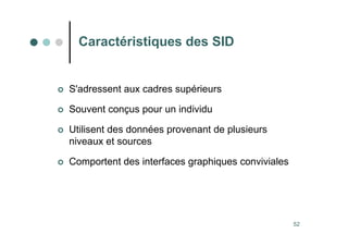 52
 S'adressent aux cadres supérieurs
 Souvent conçus pour un individu
 Utilisent des données provenant de plusieurs
niveaux et sources
 Comportent des interfaces graphiques conviviales
Caractéristiques des SID
 
