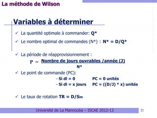 22
Variables à déterminer
 La quantité optimale à commander: Q*
 Le nombre optimal de commandes (N*) : N* = D/Q*
 La période de réapprovisionnement :
Nombre de jours ouvrables /année (J)
N*
 Le point de commande (PC):
- Si dl = 0 PC = 0 unités
- Si dl = x jours PC = ((D/J) * x) unités
 Le taux de rotation TR = D/Sm
P =
La méthode de Wilson
Université de La Mannouba – ISCAE 2012-13
 