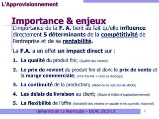 Importance & enjeux
3
L’Approvisionnement
L’importance de la F. A. tient au fait qu’elle influence
directement 5 déterminants de la compétitivité de
l’entreprise et de sa rentabilité.
La F.A. a en effet un impact direct sur :
1. La qualité du produit fini; (Qualité des intrants)
2. Le prix de revient du produit fini et donc le prix de vente et
la marge commerciale; (Prix d’achat + Coût de stockage)
3. La continuité de la production; (Absence de ruptures de stocks)
4. Les délais de livraison au client; (Stocks & Délais d’approvisionnement)
5. La flexibilité de l’offre (Variabilité des intrants en qualité et en quantité, réactivité)
Université de La Mannouba – ISCAE 2012-13
 