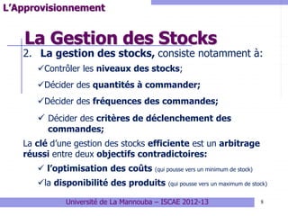 La Gestion des Stocks
8
L’Approvisionnement
2. La gestion des stocks, consiste notamment à:
Contrôler les niveaux des stocks;
Décider des quantités à commander;
Décider des fréquences des commandes;
 Décider des critères de déclenchement des
commandes;
La clé d’une gestion des stocks efficiente est un arbitrage
réussi entre deux objectifs contradictoires:
 l’optimisation des coûts (qui pousse vers un minimum de stock)
la disponibilité des produits (qui pousse vers un maximum de stock)
Université de La Mannouba – ISCAE 2012-13
 