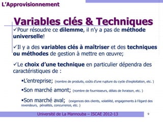 Variables clés & Techniques
9
L’Approvisionnement
Pour résoudre ce dilemme, il n’y a pas de méthode
universelle!
Il y a des variables clés à maîtriser et des techniques
ou méthodes de gestion à mettre en œuvre;
Le choix d’une technique en particulier dépendra des
caractéristiques de :
L’entreprise; (nombre de produits, coûts d’une rupture du cycle d’exploitation, etc. )
Son marché amont; (nombre de fournisseurs, délais de livraison, etc. )
Son marché aval; (exigences des clients, volatilité, engagements à l’égard des
revendeurs, pénalités, concurrence, etc. )
Université de La Mannouba – ISCAE 2012-13
 
