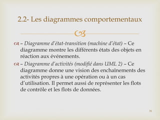 2.2- Les diagrammes comportementaux


 – Diagramme d’état-transition (machine d’état) – Ce
diagramme montre les différents états des objets en
réaction aux événements.
 – Diagramme d’activités (modifié dans UML 2) – Ce
diagramme donne une vision des enchaînements des
activités propres à une opération ou à un cas
d’utilisation. Il permet aussi de représenter les flots
de contrôle et les flots de données.

31

 