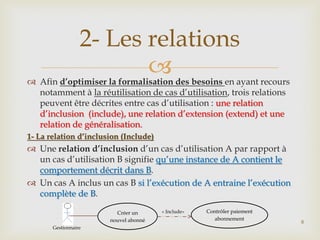 2- Les relations


 Afin d’optimiser la formalisation des besoins en ayant recours
notamment à la réutilisation de cas d’utilisation, trois relations
peuvent être décrites entre cas d’utilisation : une relation
d’inclusion (include), une relation d’extension (extend) et une
relation de généralisation.
1- La relation d’inclusion (Include)

 Une relation d’inclusion d’un cas d’utilisation A par rapport à
un cas d’utilisation B signifie qu’une instance de A contient le
comportement décrit dans B.
 Un cas A inclus un cas B si l’exécution de A entraine l’exécution
complète de B.
Créer un
nouvel abonné
Gestionnaire

« Include»

Contrôler paiement
abonnement

8

 
