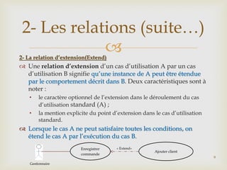 2- Les relations (suite…)


2- La relation d’extension(Extend)

 Une relation d’extension d’un cas d’utilisation A par un cas
d’utilisation B signifie qu’une instance de A peut être étendue
par le comportement décrit dans B. Deux caractéristiques sont à
noter :
•
•

le caractère optionnel de l’extension dans le déroulement du cas
d’utilisation standard (A) ;
la mention explicite du point d’extension dans le cas d’utilisation
standard.

 Lorsque le cas A ne peut satisfaire toutes les conditions, on
étend le cas A par l’exécution du cas B.
Enregistrer
commande
Gestionnaire

« Extend»

Ajouter client
9

 