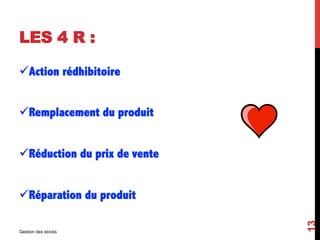 LES 4 R :
üAction rédhibitoire
üRemplacement du produit
üRéduction du prix de vente
üRéparation du produit
Gestion des stocks
13
 