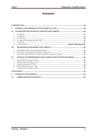 Chap.3 Diagrammes d’équilibre binaire
Matériaux Métalliques 43
Sommaire
INTRODUCTION : ..................................................................................................................................... 41 
I.  VARIETES ALLOTROPIQUE ET MAGNETIQUE DU FER : ........................................................... 44 
II.  LES DIFFERENTES PHASES DU SYSTEME FER-CARBONE : ..................................................... 45 
1.  LA FERRITE Α : ........................................................................................................................................... 45 
2.  LA FERRITE Δ ............................................................................................................................................. 45 
3.  L’AUSTENITE Γ : ........................................................................................................................................ 45 
4.  LA CEMENTITE (CARBONE DE FER FE3C) : ................................................................................................. 45 
5.  LA PERLITE : .............................................................................................................................................. 45 
6.  LA LEDEBURITE : .................................................................................................. ERREUR ! SIGNET NON DEFINI. 
III.  DIAGRAMME D’EQUILIBRE FER-CARBONE : ......................................................................... 46 
1.  DIAGRAMME STABLE- DIAGRAMME METASTABLE : ....................................................................................... 46 
2.  ANALYSE DU DIAGRAMME FER-CARBONE A CEMENTITE : ............................................................................. 46 
3.  INFLUENCE DES ELEMENTS D'ALLIAGES (ELEMENTS Α-GENES ET Γ-GENES) ................................................... 48 
IV.  ÉTUDE DU REFROIDISSEMENT DES ACIERS ET DES FONTES (EXEMPLES) : ................... 49 
1.  ACIER HYPŒUTECTOÏDE A 0.4%C .............................................................................................................. 49 
2.  ACIER HYPEREUTECTOÏDE 1. 2%C ............................................................................................................. 49 
3.  ACIER EUTECTOÏDE A 0.77%C ................................................................................................................... 50 
4.  FONTE HYPOEUTECTIQUE A 3%C ............................................................................................................... 50 
5.  FONTE HYPEREUTECTIQUE A 5%C ............................................................................................................. 51 
CONCLUSION : ......................................................................................................................................... 52 
V.  EXERCICES DE SYNTHESES : ........................................................................................................ 52 
VI.  CORRECTION DES EXERCICES : ............................................................................................... 54 
 