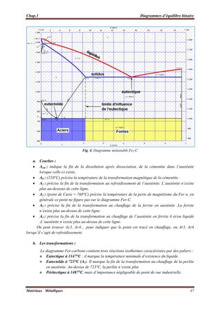 Chap.3 Diagrammes d’équilibre binaire
Matériaux Métalliques 47
Fig. 4. Diagramme métastable Fe3-C
a. Courbes :
 Acm : indique la fin de la dissolution après dissociation, de la cémentite dans l’austénite
lorsque celle-ci existe.
 A0 : (210°C) précise la température de la transformation magnétique de la cémentite.
 A1 : précise la fin de la transformation au refroidissement de l’austénite. L’austénite n’existe
plus au-dessous de cette ligne.
 A2 : (point de Curie ≈ 768°C) précise la température de la perte de magnétisme du Fer α. en
générale ce point ne figure pas sur le diagramme Fer-C.
 A3 : précise la fin de la transformation au chauffage de la ferrite en austénite .La ferrite
n’existe plus au-dessus de cette ligne.
 A4 : précise la fin de la transformation au chauffage de l’austénite en ferrite δ et/ou liquide
.L’austénite n’existe plus au-dessus de cette ligne.
On peut trouver Ac3, Ac4… pour indiquer que le point est tracé en chauffage, ou Ar3, Ar4
lorsqu’il s’agit de refroidissement.
b. Les transformations :
Le diagramme Fer-carbone contient trois réactions isothermes caractérisées par des paliers :
 Eutectique à 1147°C : il marque la température minimale d’existence du liquide.
 Eutectoïde à 723°C (A1). Il marque la fin de la transformation au chauffage de la perlite
en austénite. Au-dessus de 723°C, la perlite n’existe plus
 Péritectique à 1487°C, mais d’importance négligeable de point de vue industrielle.
 