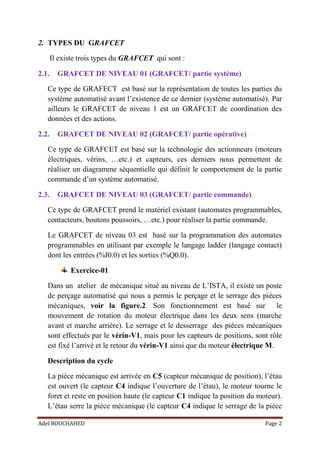 Adel BOUCHAHED Page 2
2. TYPES DU GRAFCET
Il existe trois types du GRAFCET qui sont :
2.1. GRAFCET DE NIVEAU 01 (GRAFCET/ partie système)
Ce type de GRAFECT est basé sur la représentation de toutes les parties du
système automatisé avant l’existence de ce dernier (système automatisé). Par
ailleurs le GRAFCET de niveau 1 est un GRAFCET de coordination des
données et des actions.
2.2. GRAFCET DE NIVEAU 02 (GRAFCET/ partie opérative)
Ce type de GRAFCET est basé sur la technologie des actionneurs (moteurs
électriques, vérins, …etc.) et capteurs, ces derniers nous permettent de
réaliser un diagramme séquentielle qui définit le comportement de la partie
commande d’un système automatisé.
2.3. GRAFCET DE NIVEAU 03 (GRAFCET/ partie commande)
Ce type de GRAFCET prend le matériel existant (automates programmables,
contacteurs, boutons poussoirs, …etc.) pour réaliser la partie commande.
Le GRAFCET de niveau 03 est basé sur la programmation des automates
programmables en utilisant par exemple le langage ladder (langage contact)
dont les entrées (%I0.0) et les sorties (%Q0.0).
Exercice-01
Dans un atelier de mécanique situé au niveau de L’ISTA, il existe un poste
de perçage automatisé qui nous a permis le perçage et le serrage des pièces
mécaniques, voir la figure.2. Son fonctionnement est basé sur le
mouvement de rotation du moteur électrique dans les deux sens (marche
avant et marche arrière). Le serrage et le desserrage des pièces mécaniques
sont effectués par le vérin-V1, mais pour les capteurs de positions, sont rôle
est fixé l’arrivé et le retour du vérin-V1 ainsi que du moteur électrique M.
Description du cycle
La pièce mécanique est arrivée en C5 (capteur mécanique de position), l’étau
est ouvert (le capteur C4 indique l’ouverture de l’étau), le moteur tourne le
foret et reste en position haute (le capteur C1 indique la position du moteur).
L’étau serre la pièce mécanique (le capteur C4 indique le serrage de la pièce
 