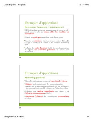 Cours Big Data – Chapitre I II3 - Mastère
Enseignante : R. CHEBIL 14
Exemples d’applications
Ressources humaines et recrutement :
 Méthode utilisée surtout par les cabinets de recrutement et les
grands groupes afin de mieux cibler les candidats au
recrutement.
 Etablir un profil type de candidat pour chaque poste.
 Récolter les données à partir des réseaux sociaux (LinkedIn,
Google +, Facebook et Twitter) et des bases de données en
ligne.
 A l’aide des outils d’analyse, établir des profils permettant
de repérer les candidats potentiels en amont d’un
recrutement.
27
Exemples d’applications
Marketing prédictif
 Nouvelles méthodes permettant de bien cibler les clients.
 Collecter les données à partir des sources disponibles :
• Dans le cas où les données possédées ne sont pas suffisantes, il
est possible d’acheter des BD existantes ou d’utiliser l’open data.
 Effectuer une analyse approfondie des clients et de
l’efficacité des campagnes réalisées.
 Augmenter l’efficacité des campagnes en personnalisant
les offres.
28
27
28
 