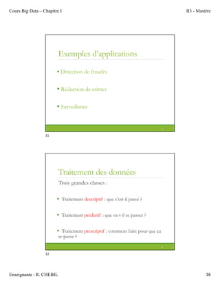 Cours Big Data – Chapitre I II3 - Mastère
Enseignante : R. CHEBIL 16
Exemples d’applications
 Détection de fraudes
 Réduction de crimes
 Surveillance
31
Traitement des données
Trois grandes classes :
 Traitement descriptif : que s’est-il passé ?
 Traitement prédictif : que va-t-il se passer ?
 Traitement prescriptif : comment faire pour que ça
se passe ?
32
31
32
 