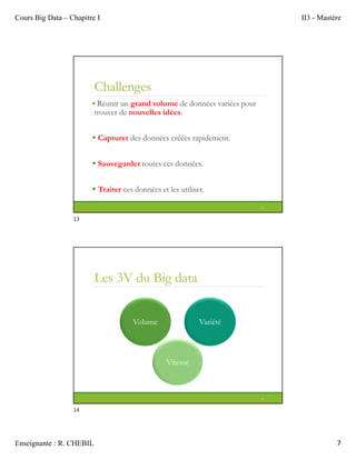 Cours Big Data – Chapitre I II3 - Mastère
Enseignante : R. CHEBIL 7
Challenges
 Réunir un grand volume de données variées pour
trouver de nouvelles idées.
 Capturer des données créées rapidement.
 Sauvegarder toutes ces données.
 Traiter ces données et les utiliser.
13
Les 3V du Big data
14
Volume Variété
Vitesse
13
14
 