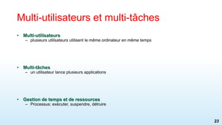 • Multi-utilisateurs
– plusieurs utilisateurs utilisent le même ordinateur en même temps
• Multi-tâches
– un utilisateur lance plusieurs applications
• Gestion de temps et de ressources
– Processus: exécuter, suspendre, détruire
Multi-utilisateurs et multi-tâches
23
 