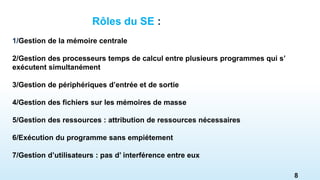Rôles du SE :
1/Gestion de la mémoire centrale
2/Gestion des processeurs temps de calcul entre plusieurs programmes qui s’
exécutent simultanément
3/Gestion de périphériques d’entrée et de sortie
4/Gestion des fichiers sur les mémoires de masse
5/Gestion des ressources : attribution de ressources nécessaires
6/Exécution du programme sans empiétement
7/Gestion d’utilisateurs : pas d’ interférence entre eux
8
 