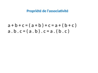 Propriété de l'associativité
a + b + c = ( a + b ) + c = a + ( b + c )
a . b . c = ( a . b ) . c = a . ( b . c )
 