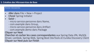 10
2. Création des Microservices de Base
Premier microservice
• Aller dans File > New > Project
• Chosir Spring Initializr
• Saisir :
- micro-service-personne dans Name,
- com.example dans Group,
- micro-service-personne dans Artifact
- com.example.demo dans Package
Cliquer sur Next
Chercher et cocher les cases correspondantes aux Spring Data JPA, MySQL
Driver, Lombok, Spring Web, Spring Boot DevTools et Eureka Discovery Client
Cliquer sur Next puis sur Finish
 