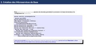 EL
MOUELHI
©
Dans application.properties, ajoutons les données permettant la connexion à la base de données et la
configuration de Hibernate
server.servlet.contextpath=/ws
server.port=8081
spring.datasource.url =
jdbc:mysql://localhost:3306/mic
roservice_personne?
createDatabaseIfNotExist=true
spring.datasource.username = root
spring.datasource.password =
spring.jpa.hibernate.ddl-auto = create-drop
spring.jpa.show-sql = true
spring.jpa.properties.hibernate.dialect =
org.hibernate.dialect.MySQLDialect
spring.jpa.hibernate.naming.physical-
strategy = org.hibernate.boot.model.naming.
PhysicalNamingStrategyStandardImpl
L’ajout de la propriété spring.jpa.hibernate.naming.physical-strategy permet de forcer Hibernate à utiliser
les mêmes noms pour les tables et les colonnes que les entités et les attributs.
H & H: Research and Training
2. Création des Microservices de Base
 